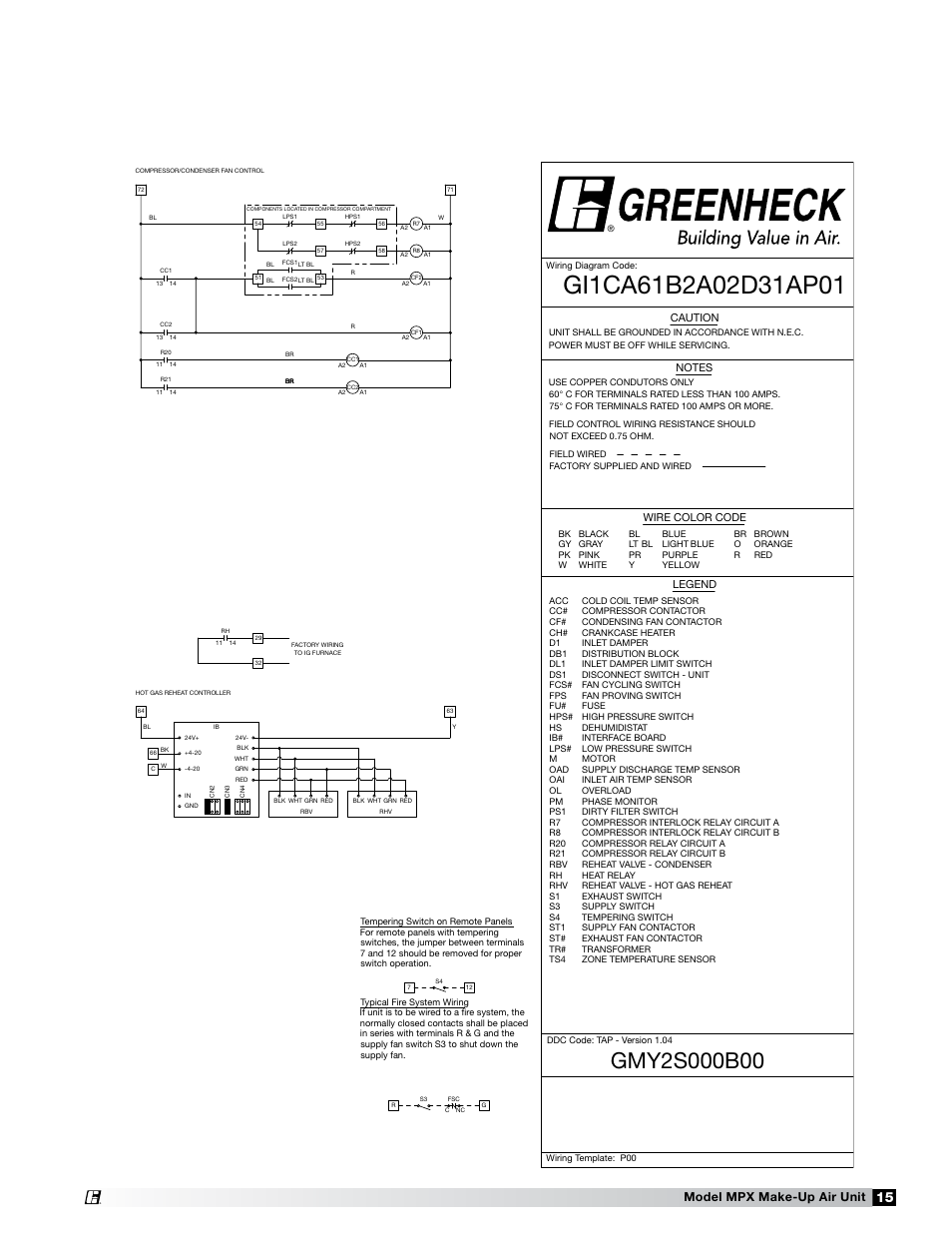 Model mpx make-up air unit, Caution, Legend wire color code | Greenheck MPX (472695) User Manual | Page 15 / 40