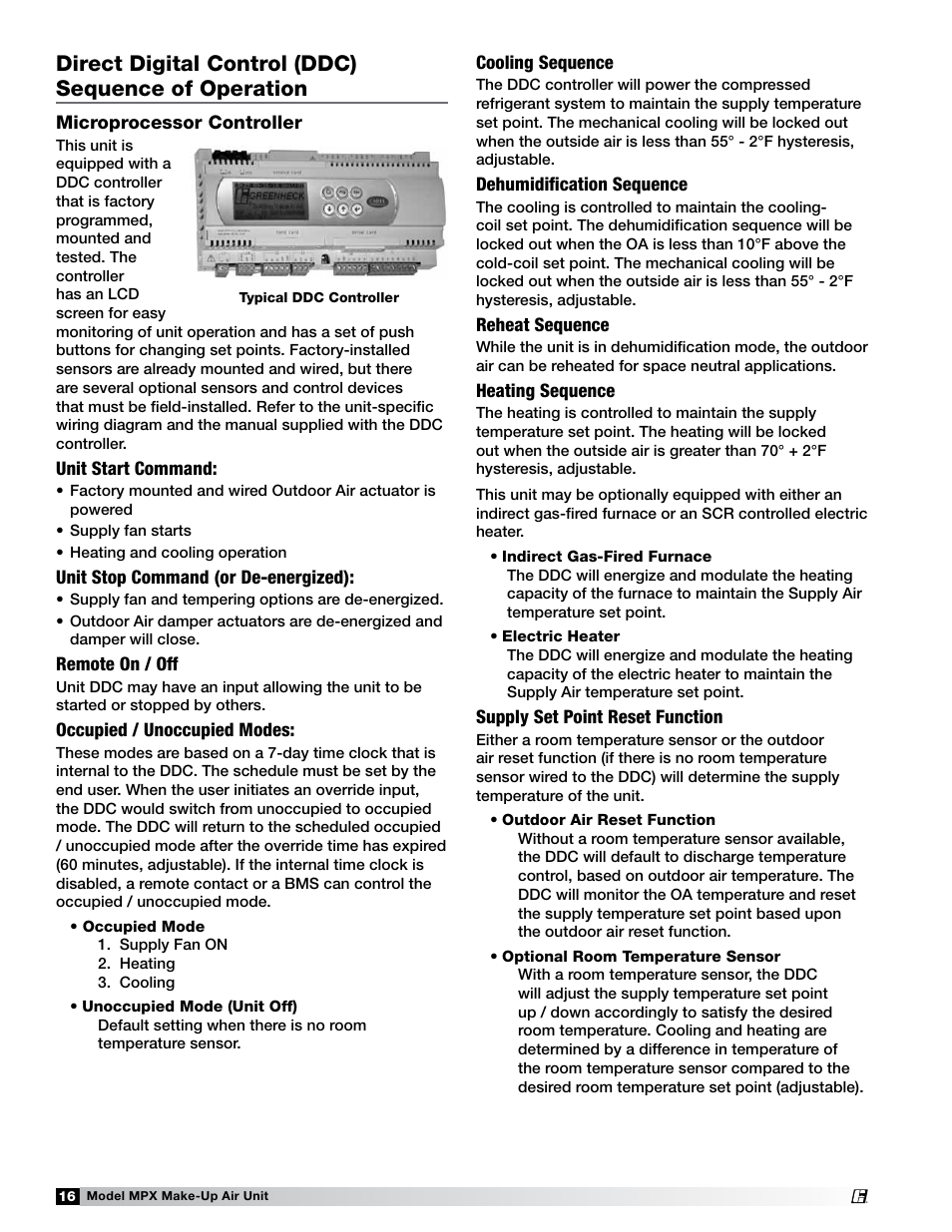 Controller sequence of operation, Direct digital control (ddc) sequence of operation | Greenheck MPX (472695) User Manual | Page 16 / 40