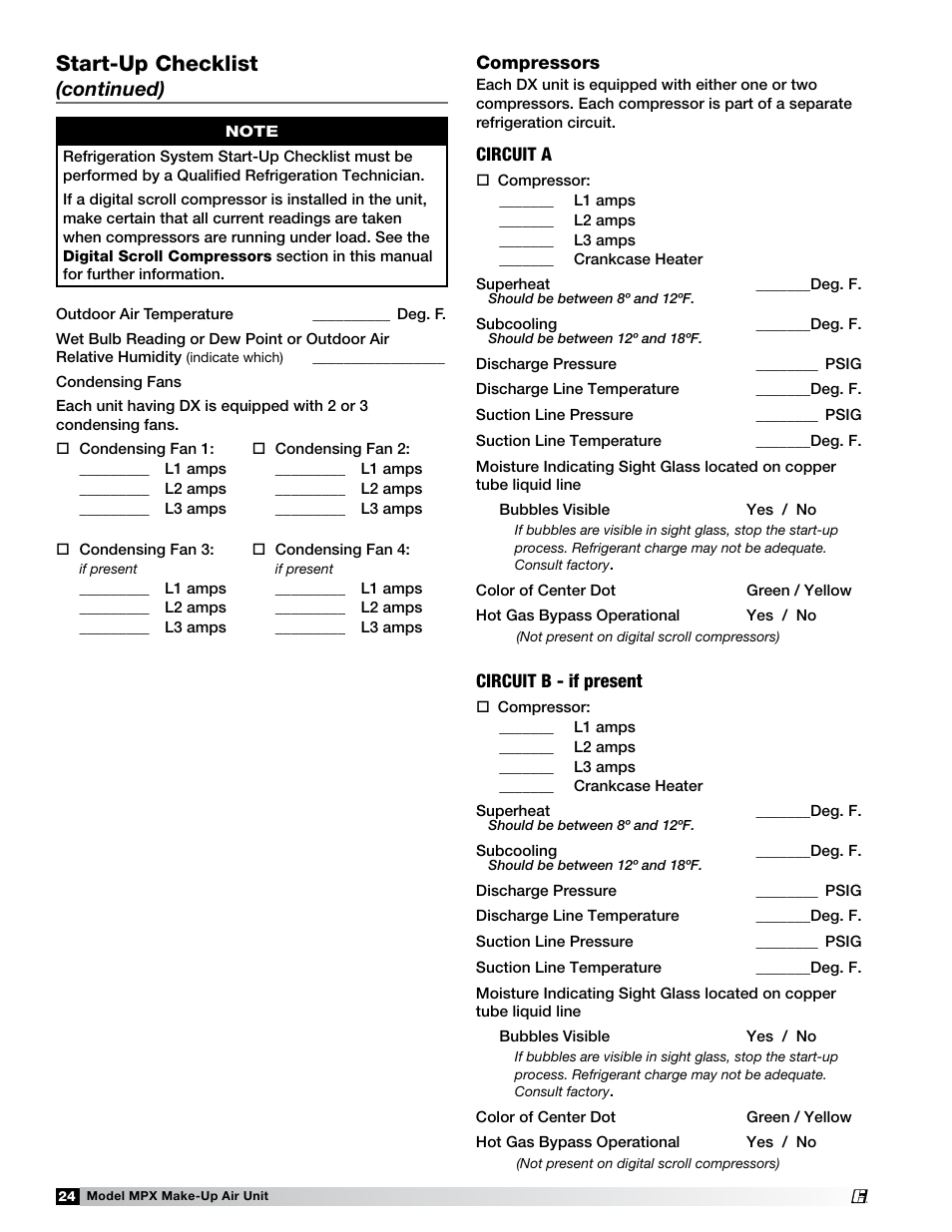 Start-up checklist, Continued) | Greenheck MPX (472695) User Manual | Page 24 / 40