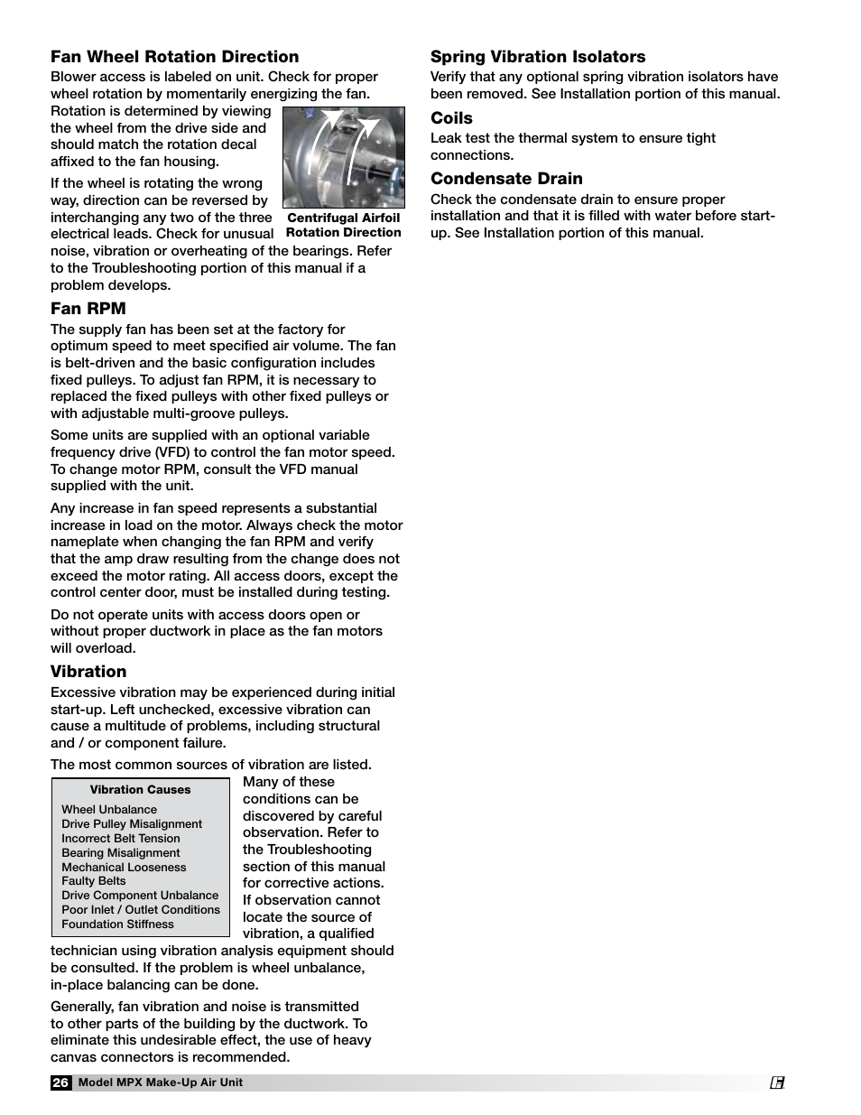 Fan wheel rotation direction, Fan rpm, Vibration | Spring vibration isolators, Coils, Condensate drain | Greenheck MPX (472695) User Manual | Page 26 / 40