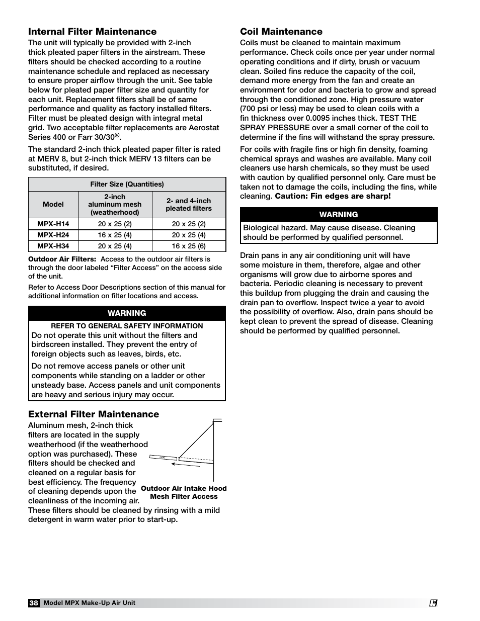 Internal filter maintenance, External filter maintenance, Coil maintenance | Greenheck MPX (472695) User Manual | Page 38 / 40