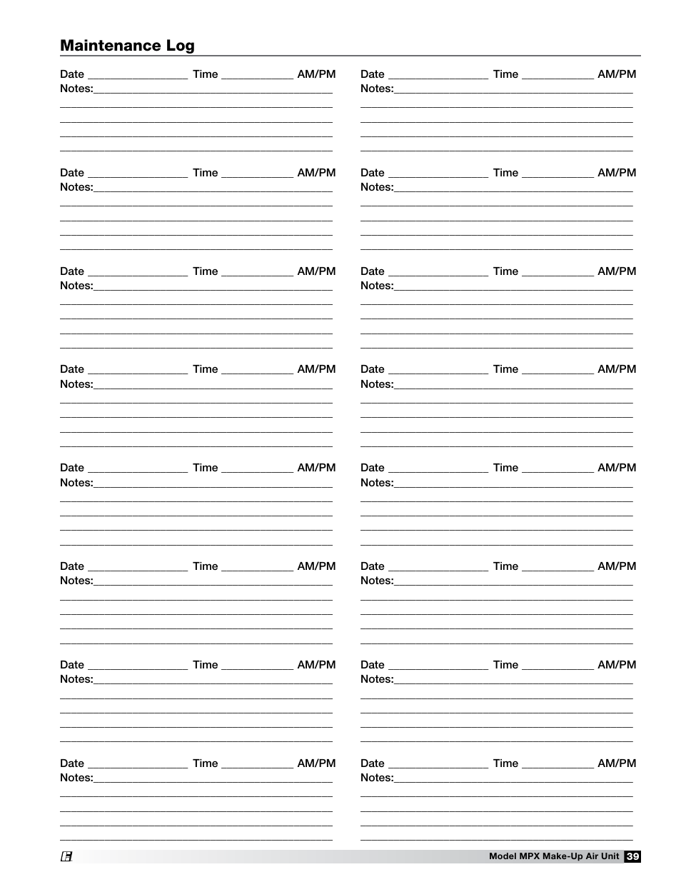 Maintenance log | Greenheck MPX (472695) User Manual | Page 39 / 40