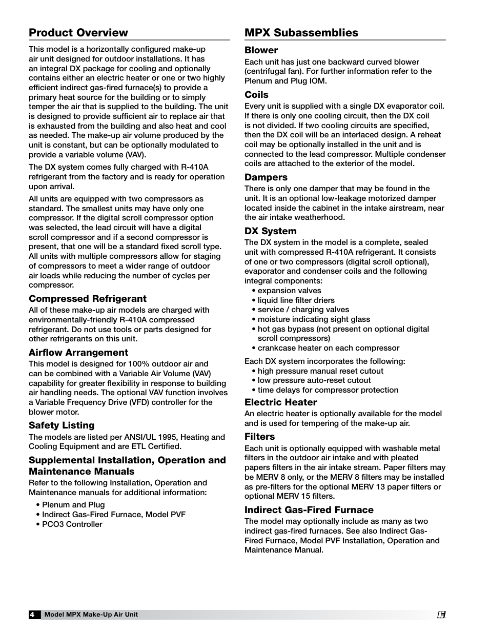 Product overview, Supplemental manuals, Mpx subassemblies | Blower, Coils, Dampers, Dx system, Electric heater, Filters, Indirect gas-fired furnace | Greenheck MPX (472695) User Manual | Page 4 / 40