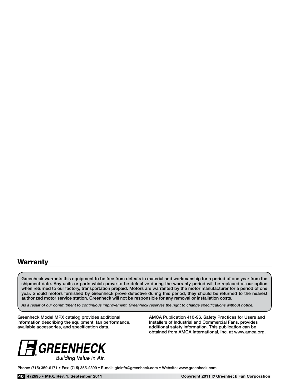 Warranty | Greenheck MPX (472695) User Manual | Page 40 / 40