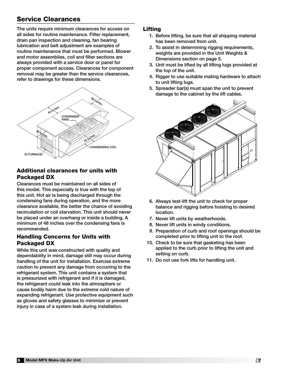 Clearances and handling, Service clearances, Additional clearances | Handling concerns, Lifting, Additional clearances for units with packaged dx, Handling concerns for units with packaged dx | Greenheck MPX (472695) User Manual | Page 6 / 40