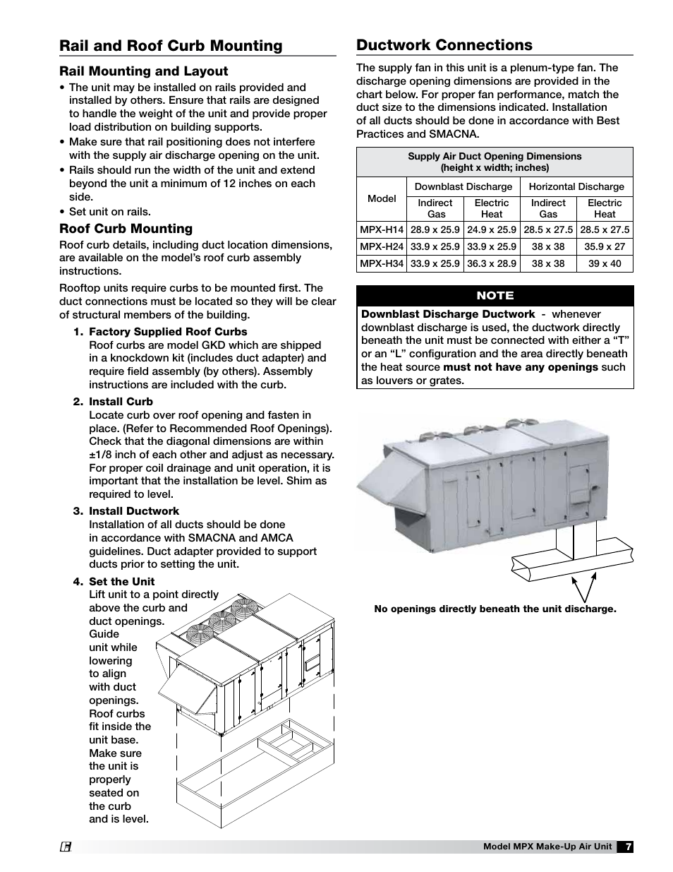 Rail and roof curb mounting, Rail mounting and layout, Roof curb mounting | Install curb, Install ductwork, Set unit, Ductwork connections | Greenheck MPX (472695) User Manual | Page 7 / 40