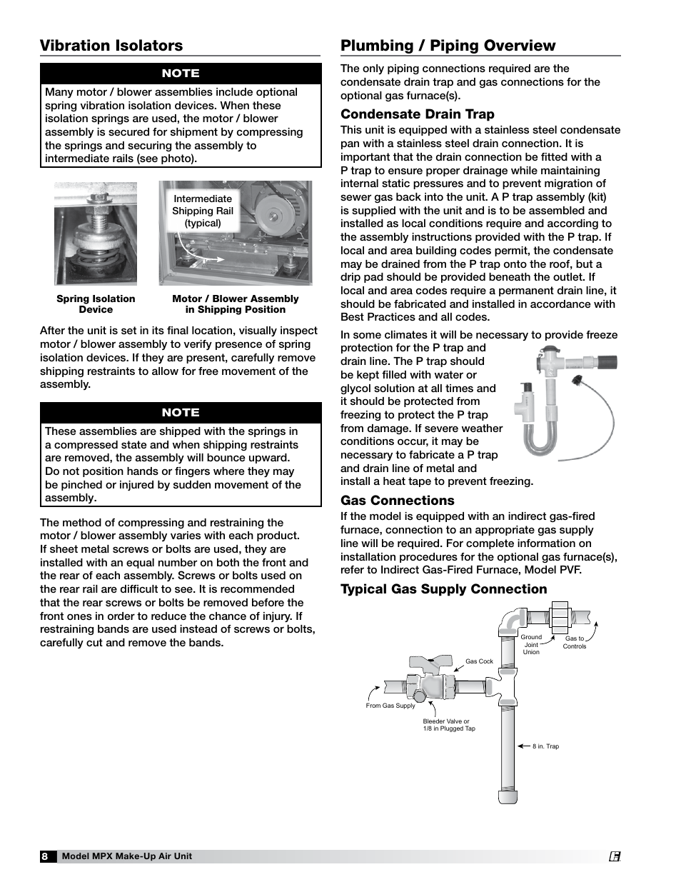 Vibration isolators, Plumbing / piping overview, Condensate drain trap | Gas connections, Typical gas supply connection | Greenheck MPX (472695) User Manual | Page 8 / 40