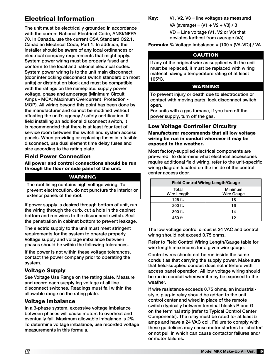 Electrical information, Field power connection, Voltage supply | Voltage imbalance, Low voltage controller circuitry | Greenheck MPX (472695) User Manual | Page 9 / 40
