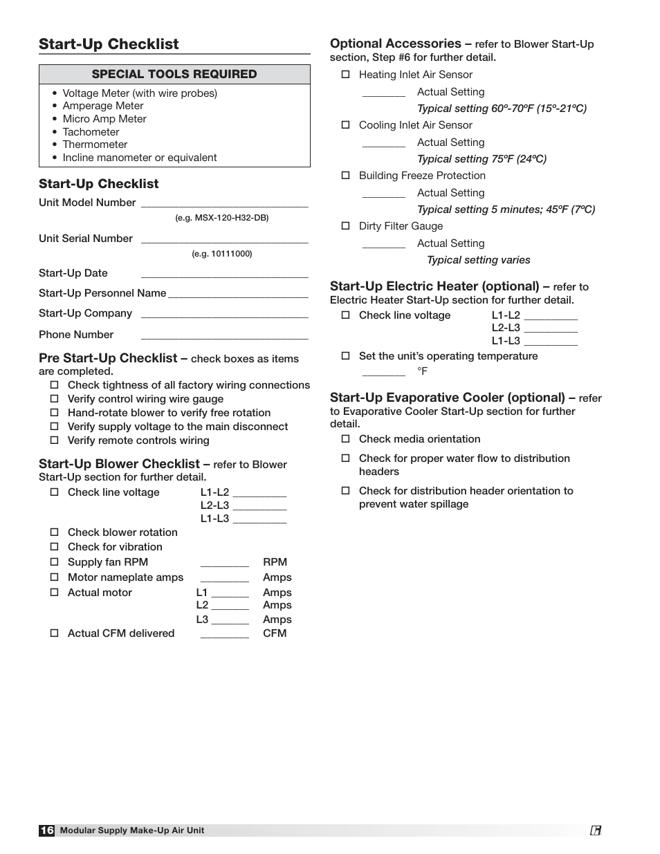 Start-up checklist | Greenheck MSX (470658) User Manual | Page 16 / 40