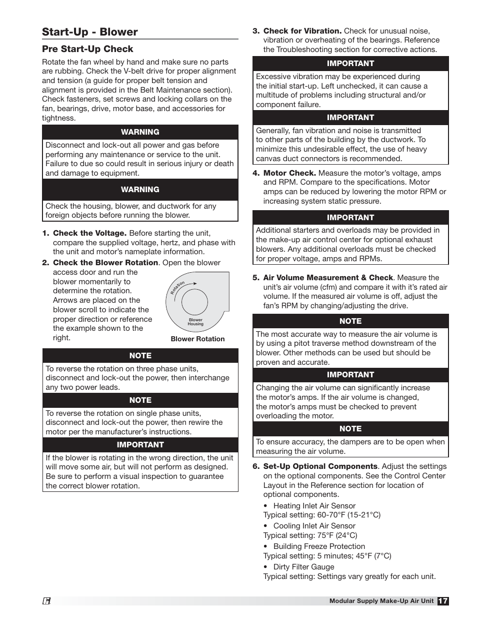 Start-up - blower, Pre start-up check | Greenheck MSX (470658) User Manual | Page 17 / 40