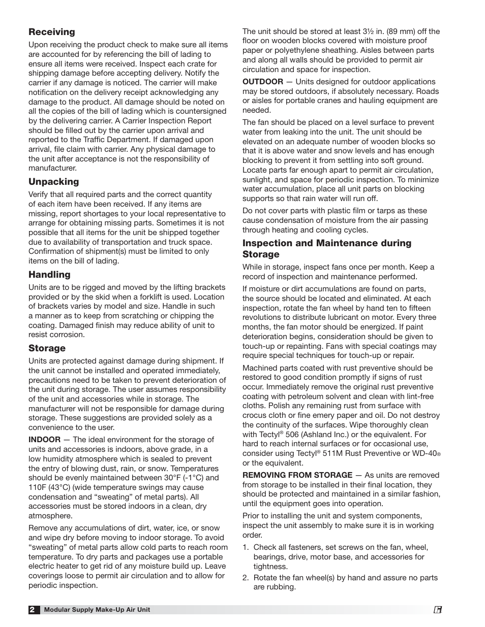 Inspection and maintenance during storage, Receiving, Unpacking | Handling, Storage | Greenheck MSX (470658) User Manual | Page 2 / 40