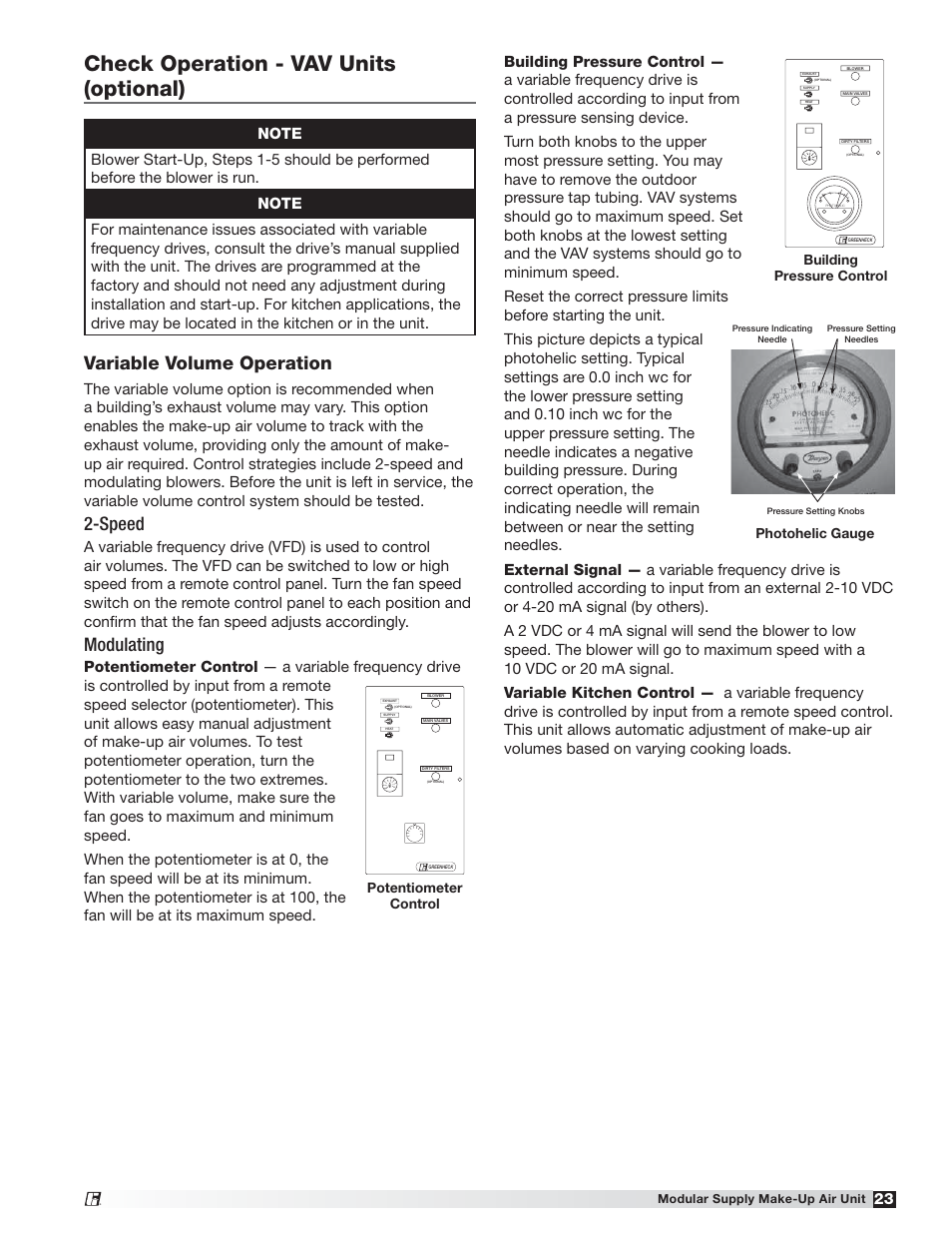 Check operation - vav units (optional), Variable volume operation, Speed | Modulating | Greenheck MSX (470658) User Manual | Page 23 / 40