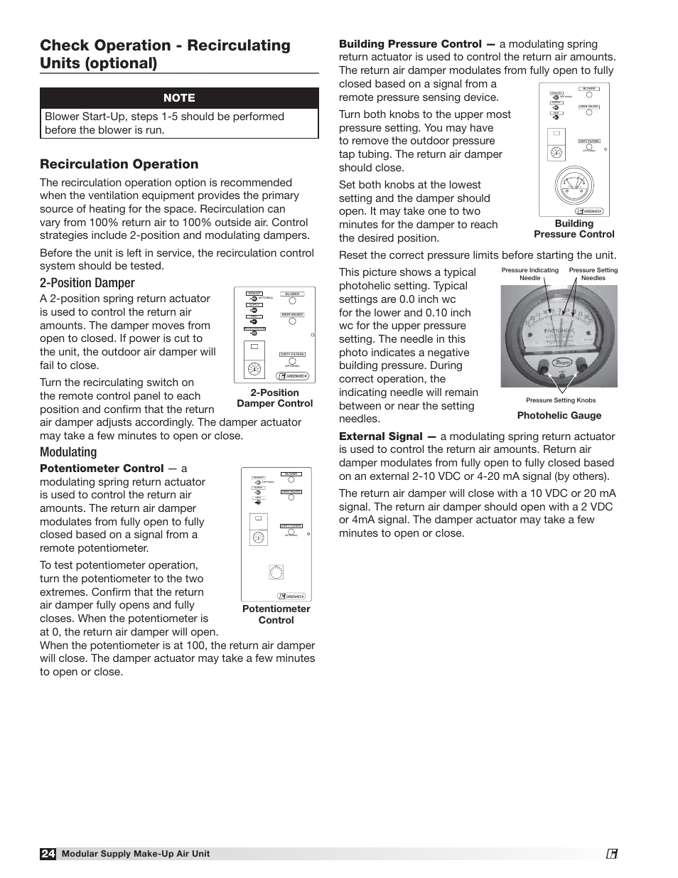 Check operation - recirculating units (optional), Recirculation operation, Position damper | Modulating, Building pressure control, Photohelic gauge | Greenheck MSX (470658) User Manual | Page 24 / 40