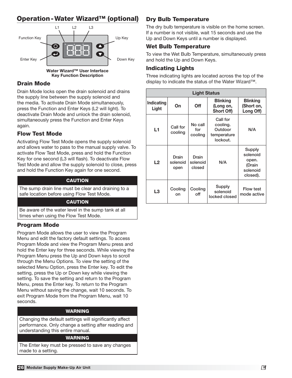 Operation - water wizard™ (optional), Drain mode, Flow test mode | Program mode, Dry bulb temperature, Wet bulb temperature, Indicating lights | Greenheck MSX (470658) User Manual | Page 26 / 40