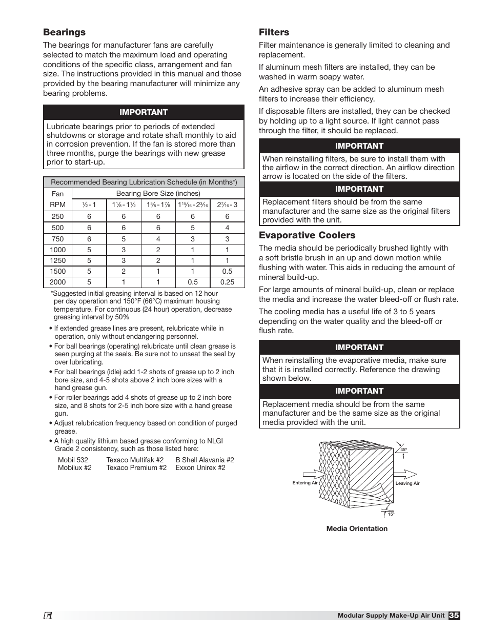 Filters, Evaporative coolers, Bearings | Greenheck MSX (470658) User Manual | Page 35 / 40