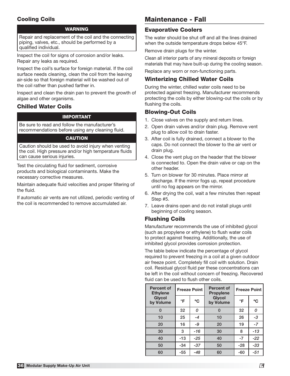 Maintenance - fall, Evaporative coolers, Winterizing chilled water coils | Blowing-out coils, Flushing coils, Cooling coils, Chilled water coils | Greenheck MSX (470658) User Manual | Page 36 / 40