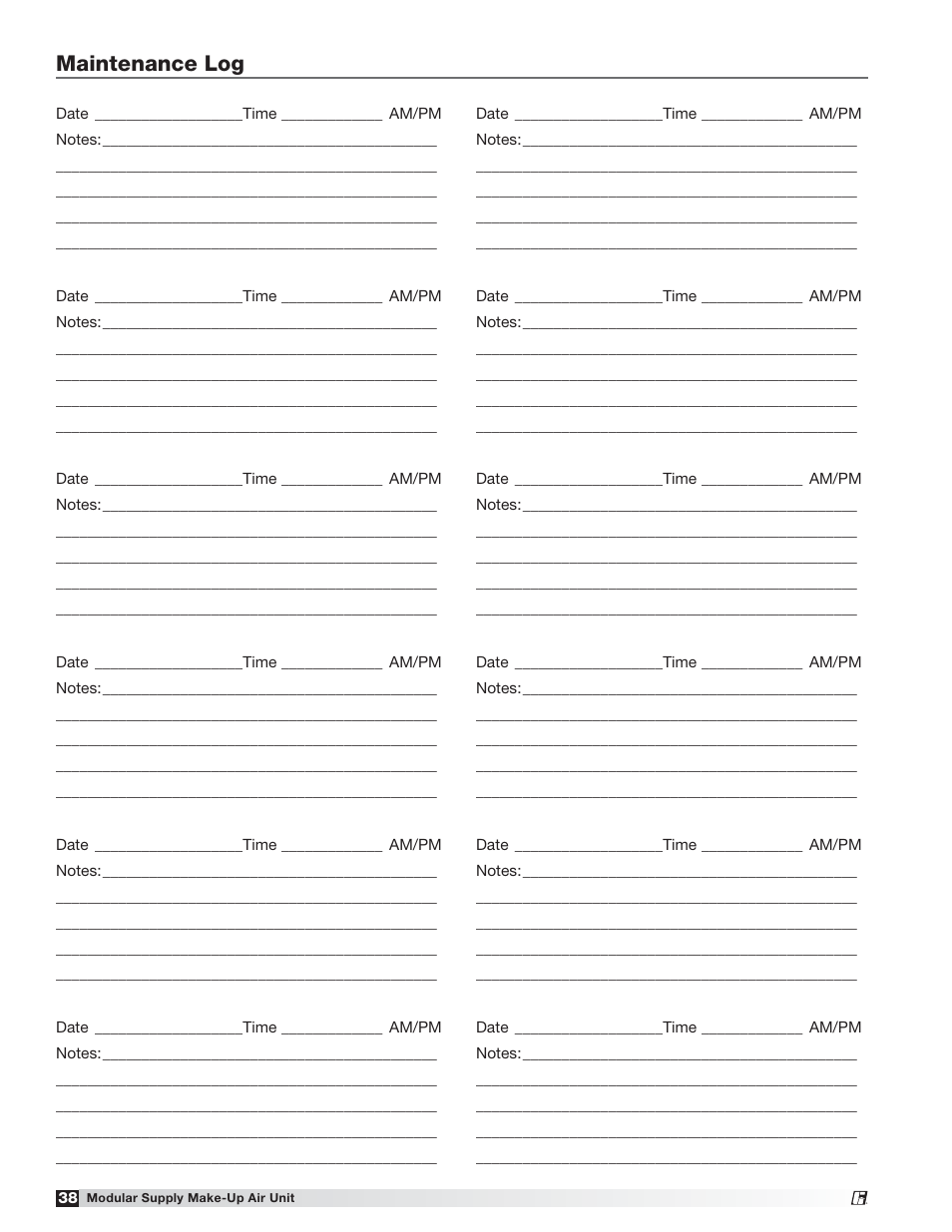 Maintenance log | Greenheck MSX (470658) User Manual | Page 38 / 40