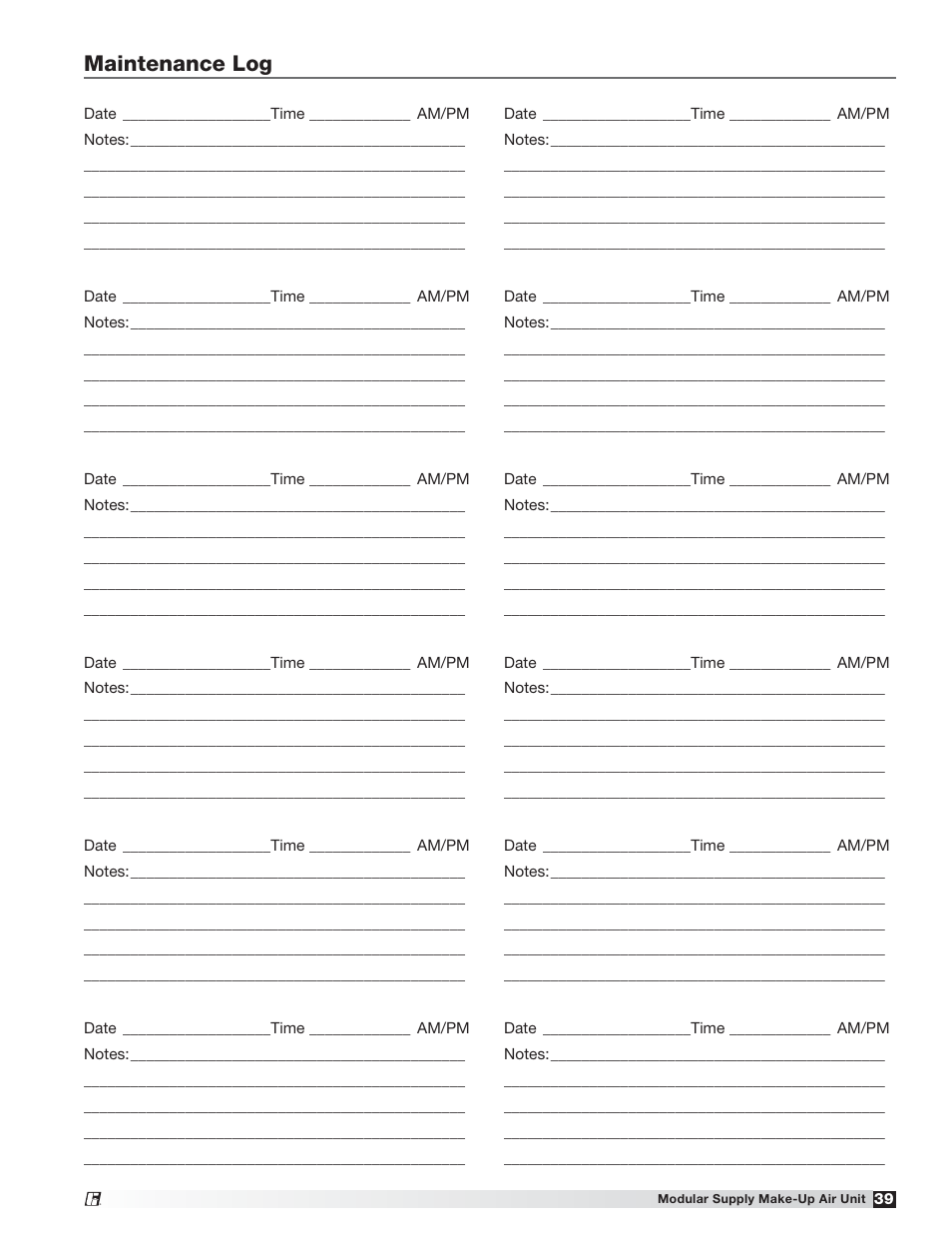 Maintenance log | Greenheck MSX (470658) User Manual | Page 39 / 40