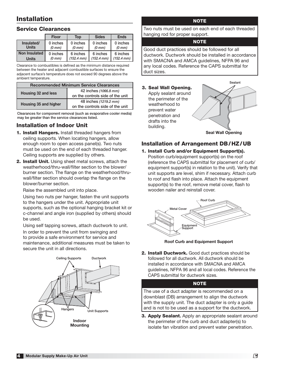 Installation, Installation of arrangement db / hz / ub, Service clearances | Installation of indoor unit | Greenheck MSX (470658) User Manual | Page 4 / 40