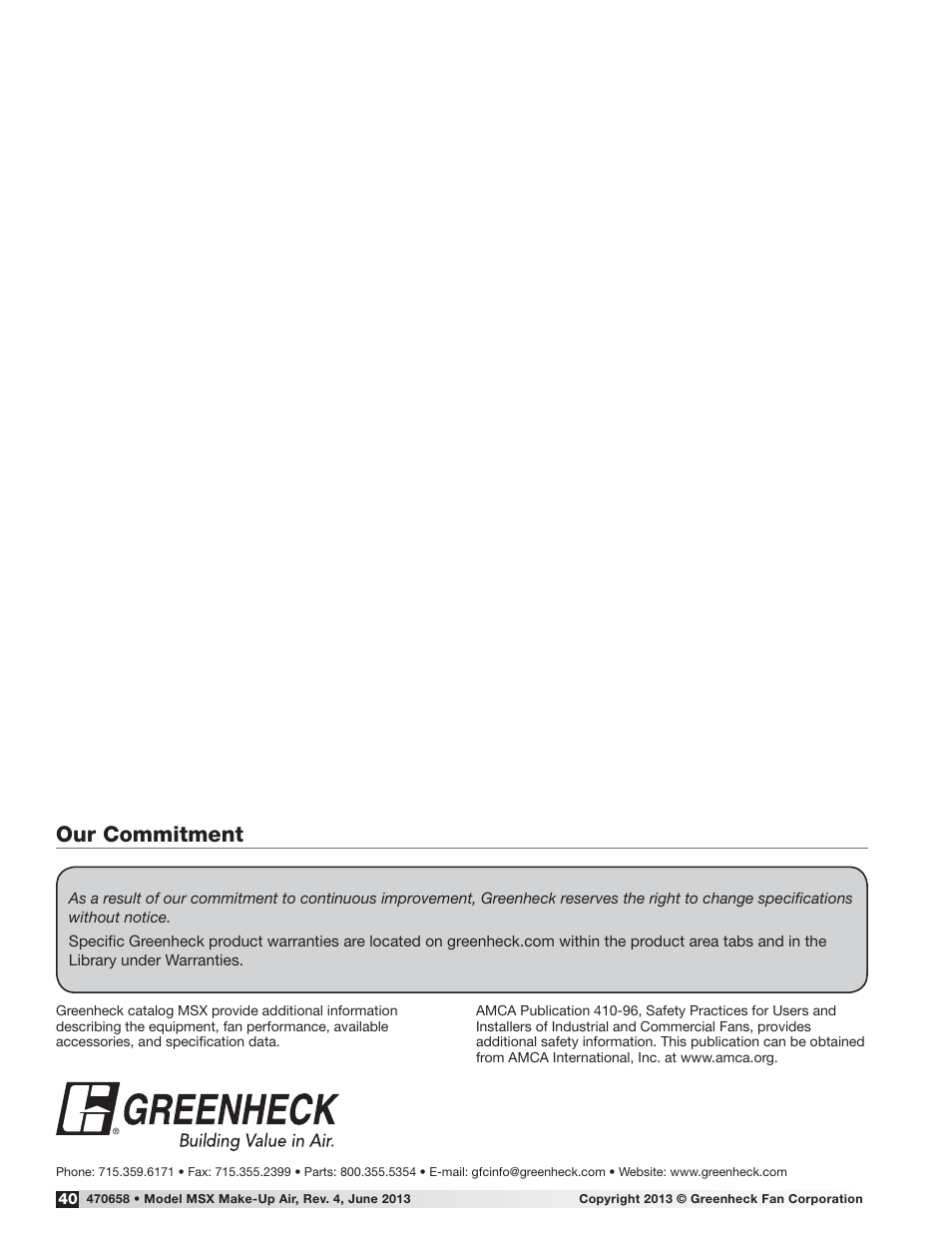 Our commitment | Greenheck MSX (470658) User Manual | Page 40 / 40
