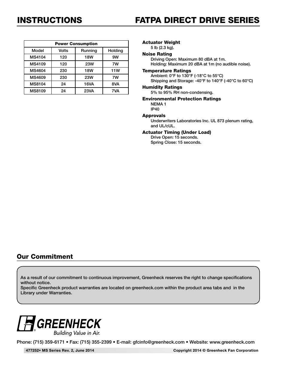 Fatpa direct drive series instructions, Our commitment | Greenheck MSxx04 & MSxx09 Series External (477252) User Manual | Page 3 / 3