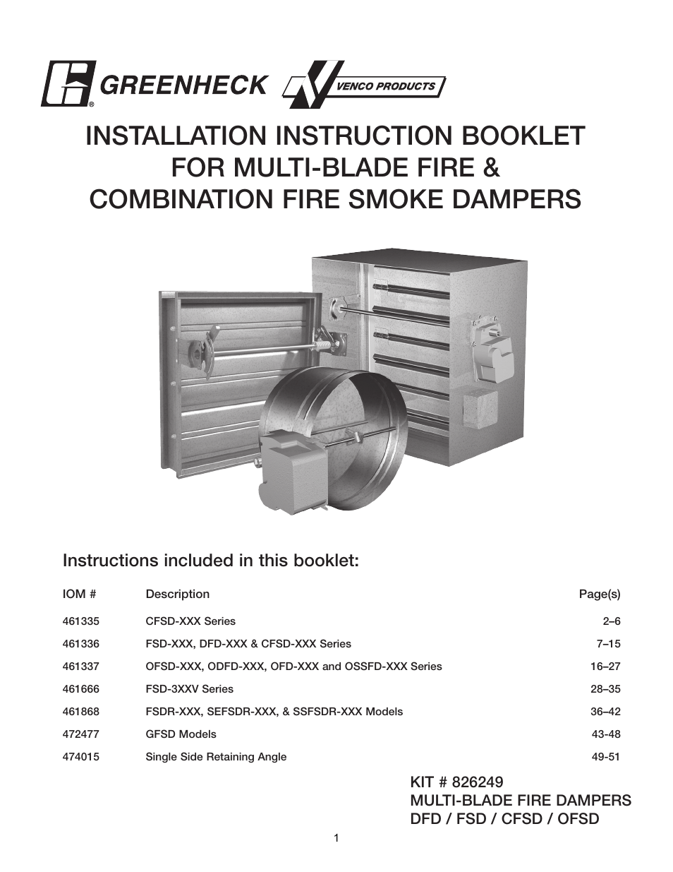 Greenheck Multi-blade Fire & Combination Fire Smoke Dampers Installation Booklet (826249) User Manual | 52 pages