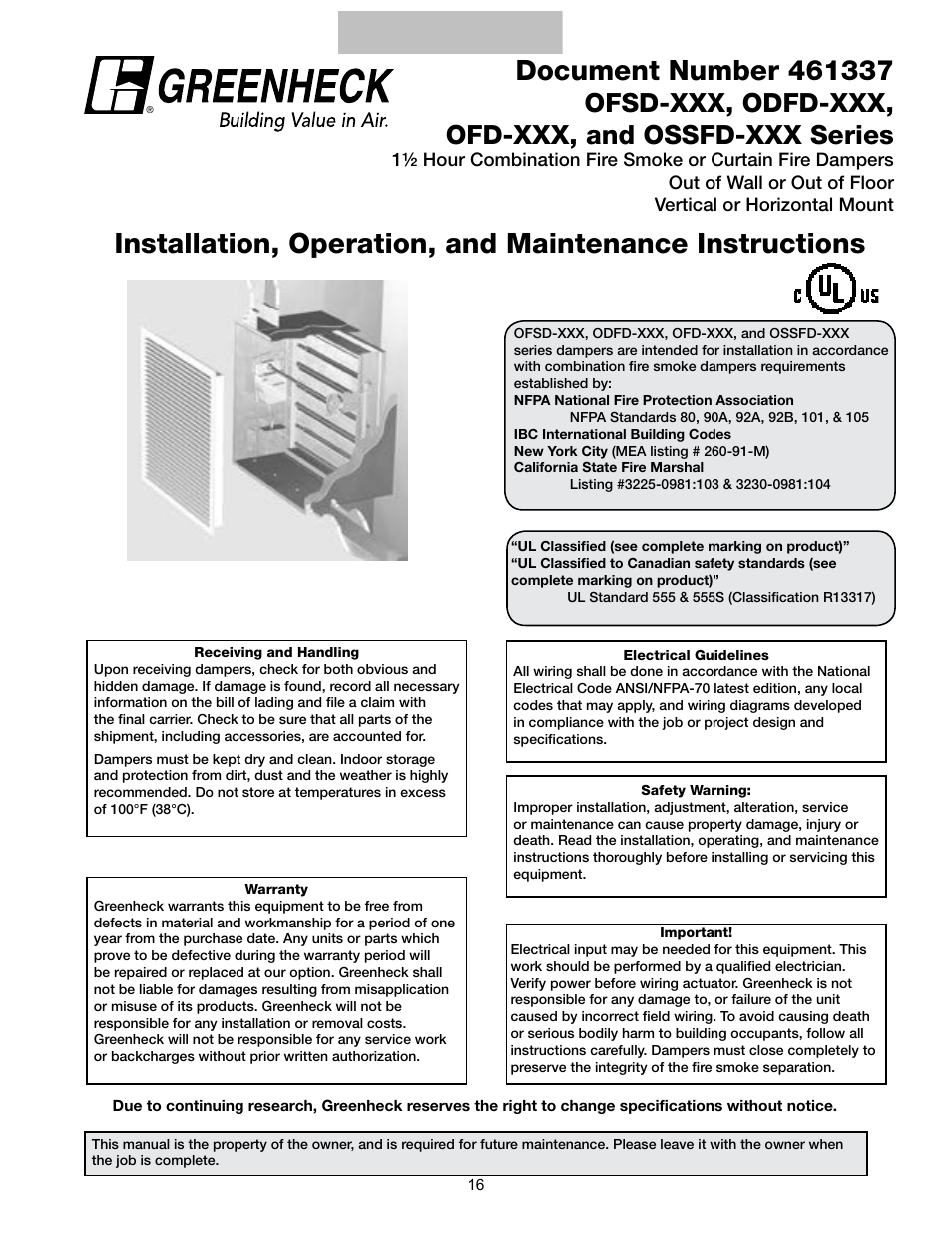 Ofsd-xxx, odfd-xxx, ofd-xxx, and ossfd-xxx series | Greenheck Multi-blade Fire & Combination Fire Smoke Dampers Installation Booklet (826249) User Manual | Page 16 / 52