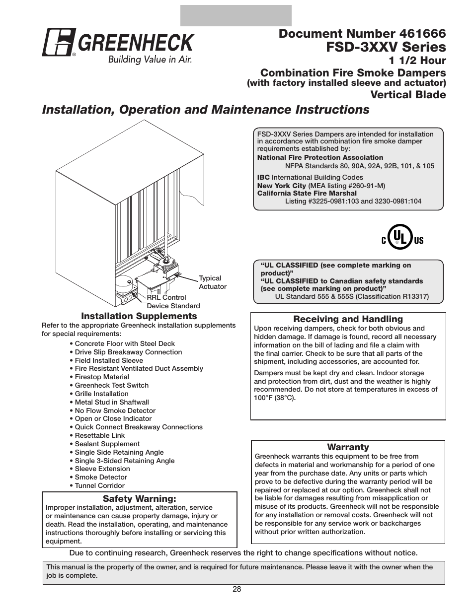 Fsd-3xxv series, 1 1/2 hour combination fire smoke dampers, Vertical blade | Greenheck Multi-blade Fire & Combination Fire Smoke Dampers Installation Booklet (826249) User Manual | Page 28 / 52