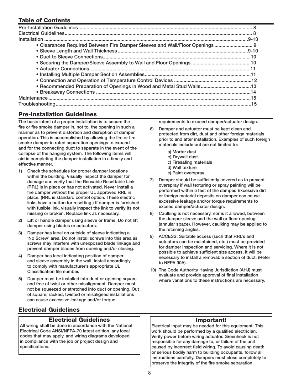 Greenheck Multi-blade Fire & Combination Fire Smoke Dampers Installation Booklet (826249) User Manual | Page 8 / 52