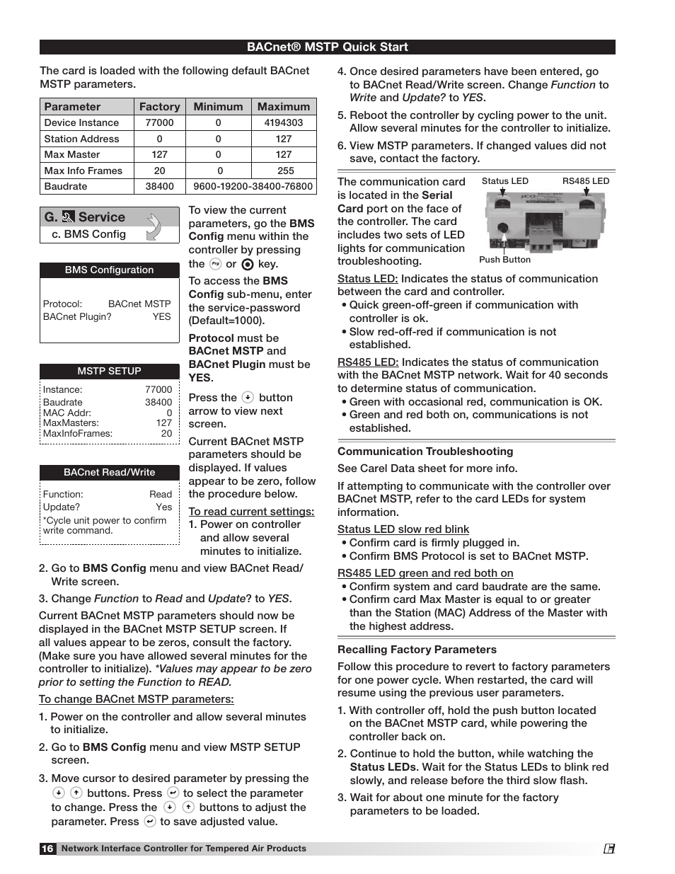 G. service, Bacnet® mstp quick start | Greenheck Network Interface Controller (475262 IOM) (Pre May 2013) User Manual | Page 16 / 20