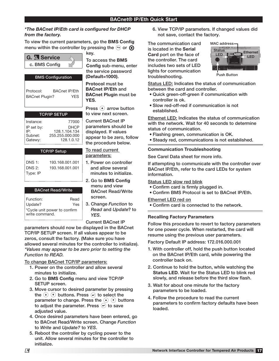 G. service, Bacnet® ip/eth quick start | Greenheck Network Interface Controller (475262 IOM) (Pre May 2013) User Manual | Page 17 / 20