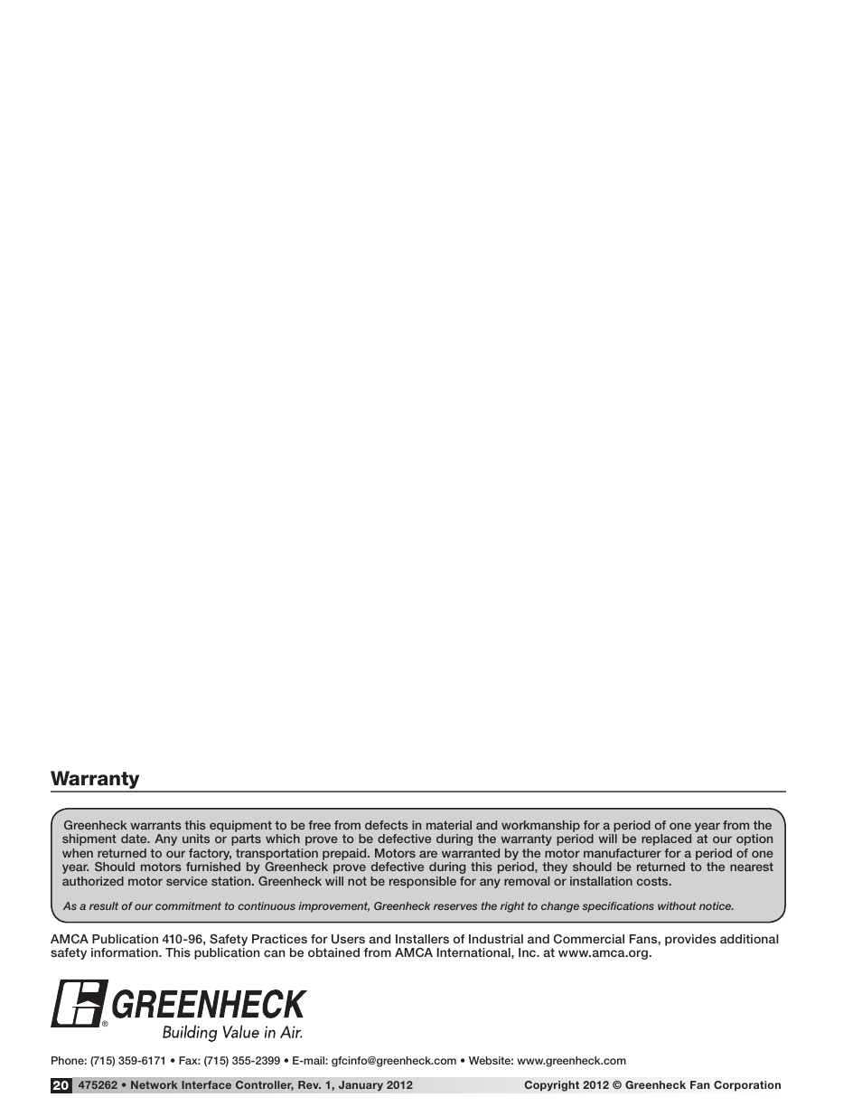 Warranty | Greenheck Network Interface Controller (475262 IOM) (Pre May 2013) User Manual | Page 20 / 20