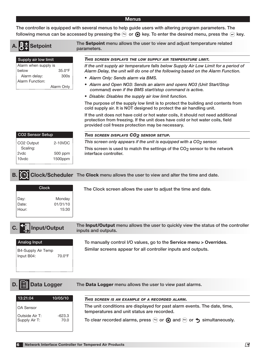 A. setpoint, B. clock/scheduler d. data logger, C. input/output | Menus | Greenheck Network Interface Controller (475262 IOM) (Pre May 2013) User Manual | Page 6 / 20