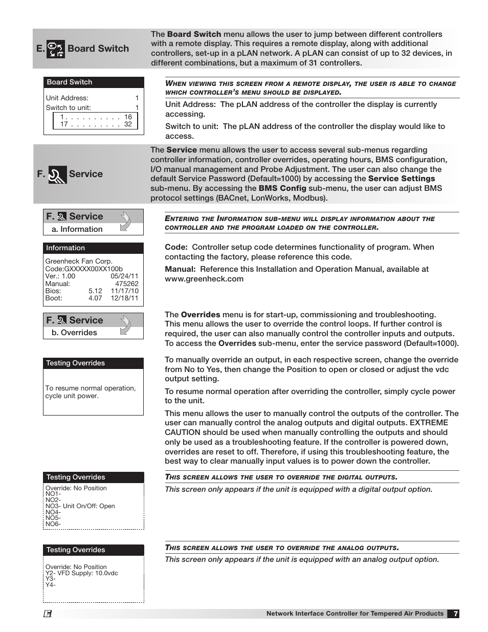 E. board switch, F. service | Greenheck Network Interface Controller (475262 IOM) (Pre May 2013) User Manual | Page 7 / 20
