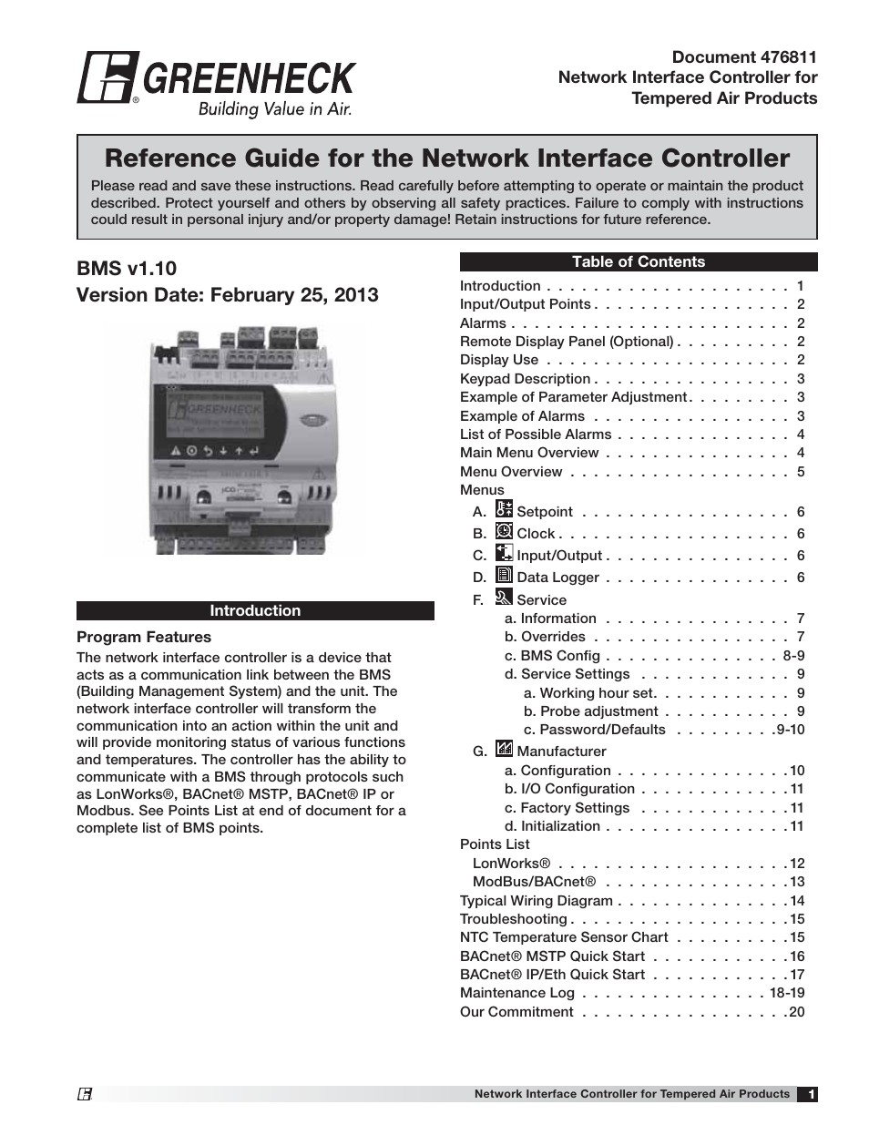 Greenheck Network Interface Controller for Tempered Air Products (476811) User Manual | 20 pages