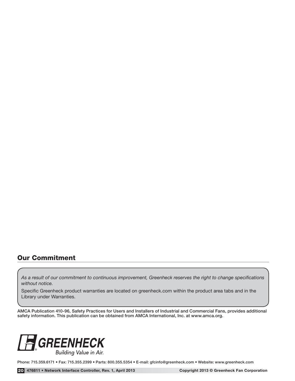 Our commitment | Greenheck Network Interface Controller for Tempered Air Products (476811) User Manual | Page 20 / 20