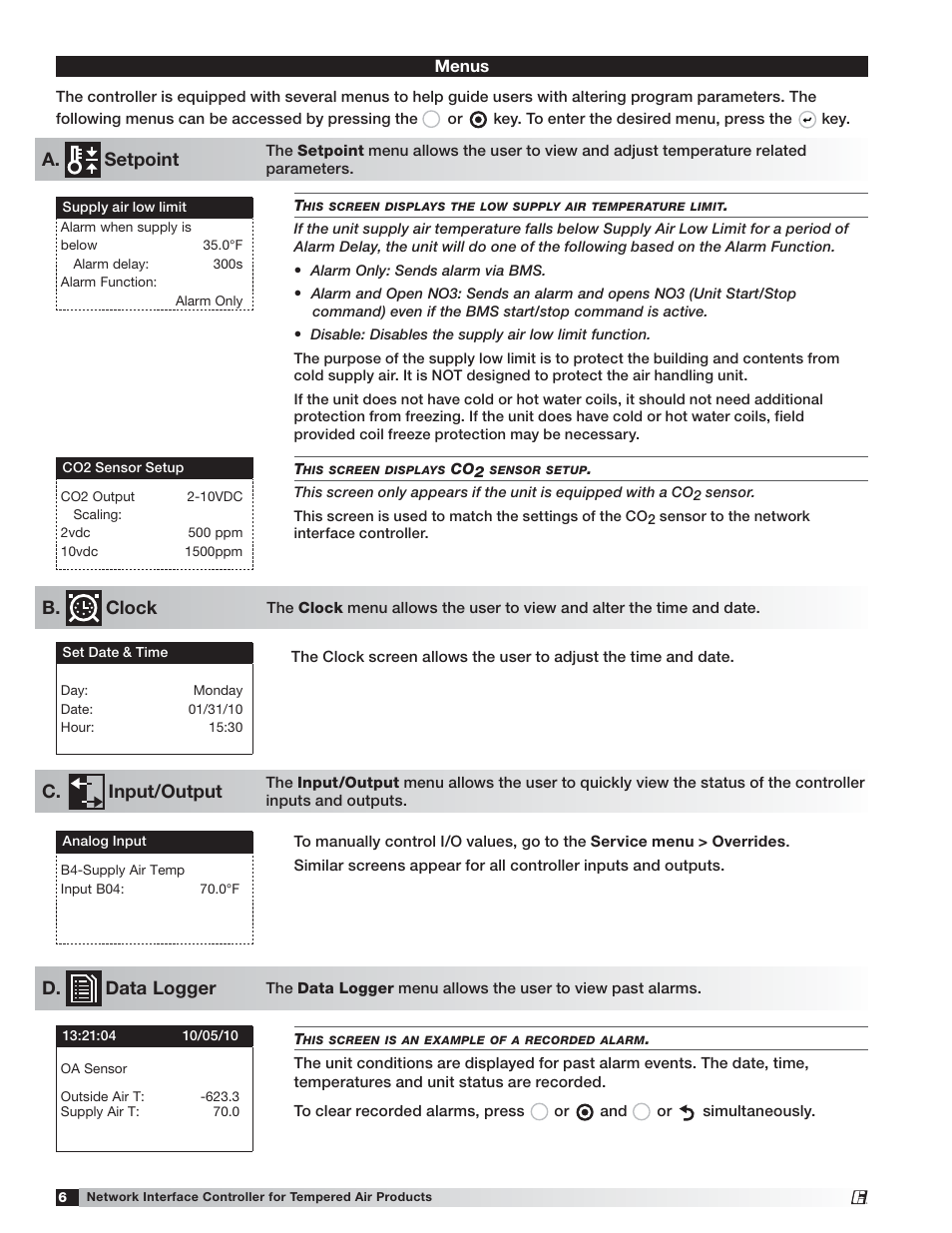 A. setpoint, B. clock d. data logger, C. input/output | Menus | Greenheck Network Interface Controller for Tempered Air Products (476811) User Manual | Page 6 / 20