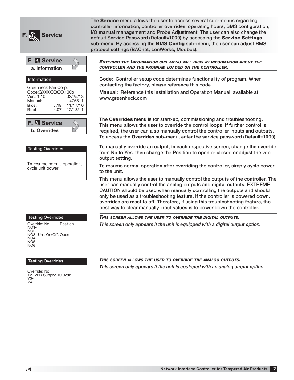 F. service | Greenheck Network Interface Controller for Tempered Air Products (476811) User Manual | Page 7 / 20