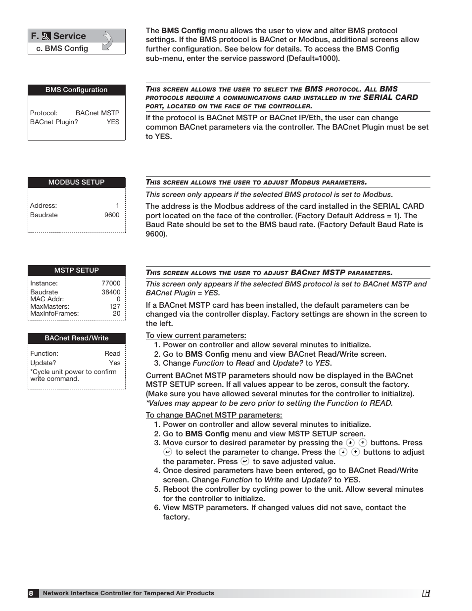 F. service | Greenheck Network Interface Controller for Tempered Air Products (476811) User Manual | Page 8 / 20