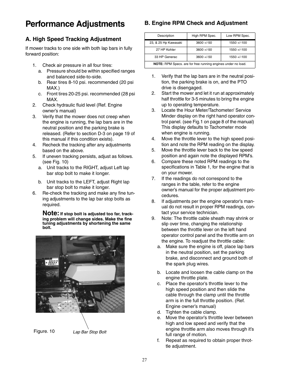 Performance adjustments, A. high speed tracking adjustment, B. engine rpm check and adjustment | Cub Cadet 48-inch/54-inch/60-inch/72-inch User Manual | Page 27 / 32