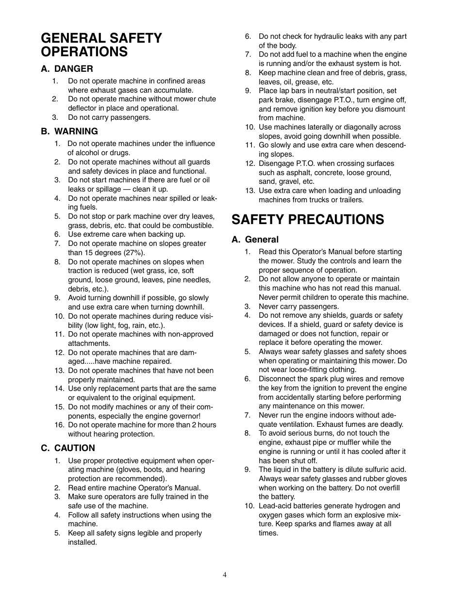 General safety operations, Safety precautions | Cub Cadet 48-inch/54-inch/60-inch/72-inch User Manual | Page 4 / 32