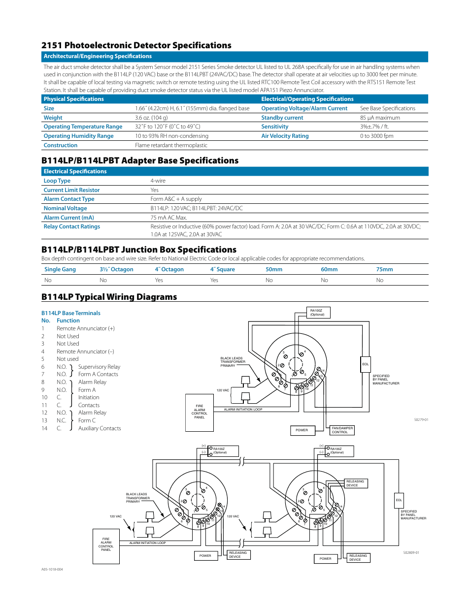 B114lp typical wiring diagrams, 2151 photoelectronic detector specifications | Greenheck No Flow Duct Smoke Detector (System Sensor) User Manual | Page 2 / 4
