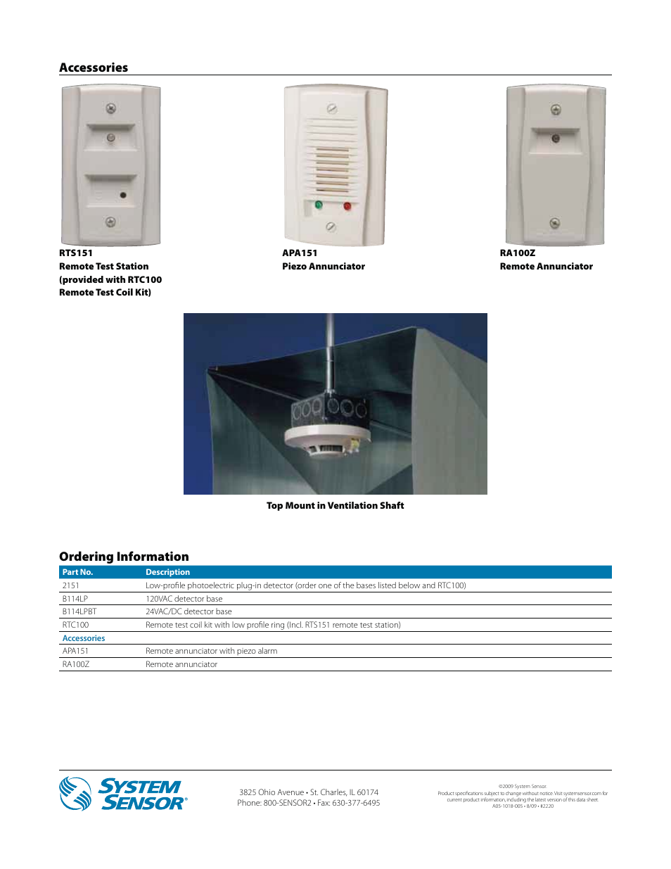 Ordering information, Accessories | Greenheck No Flow Duct Smoke Detector (System Sensor) User Manual | Page 4 / 4