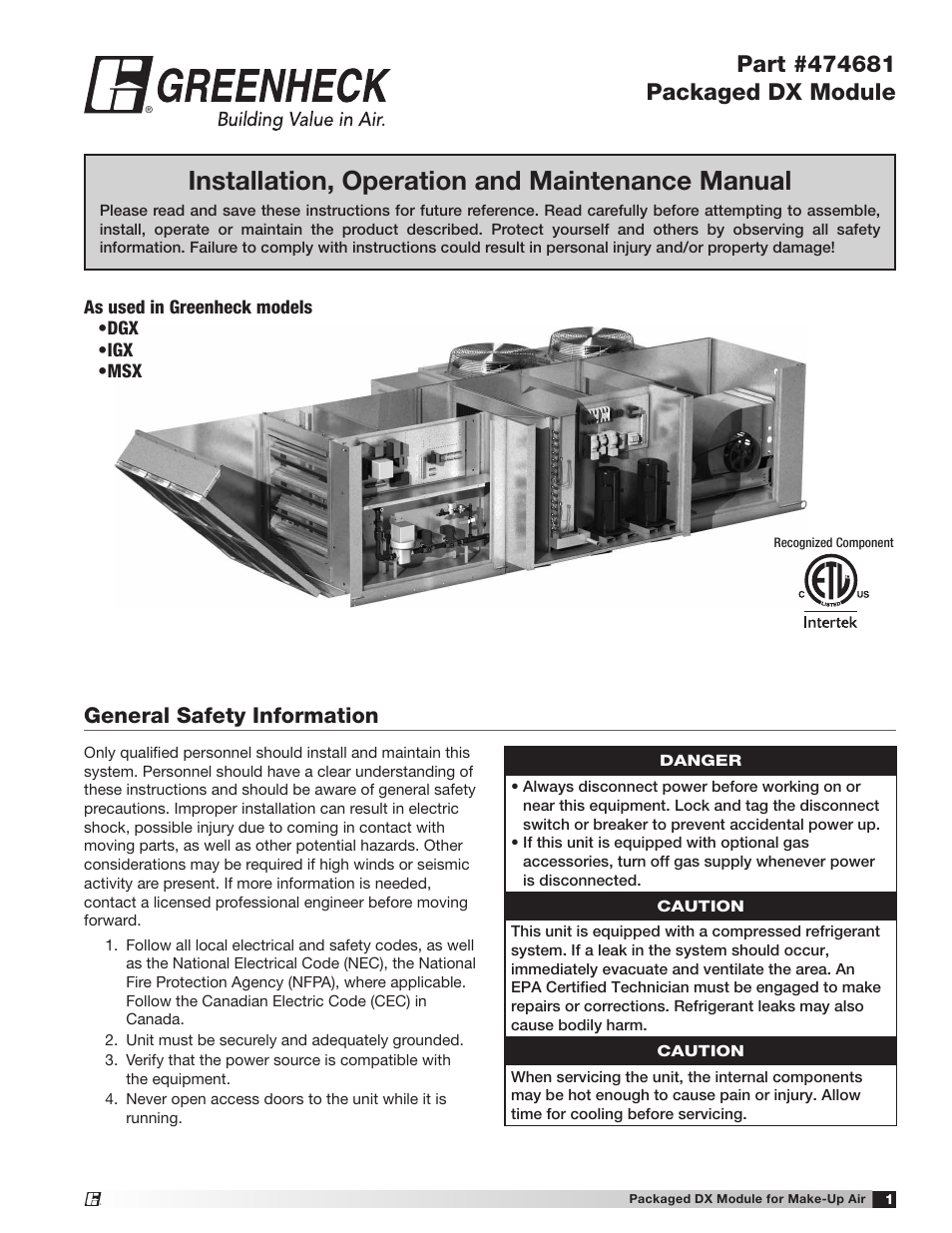 Greenheck Packaged DX Module (474681) User Manual | 16 pages