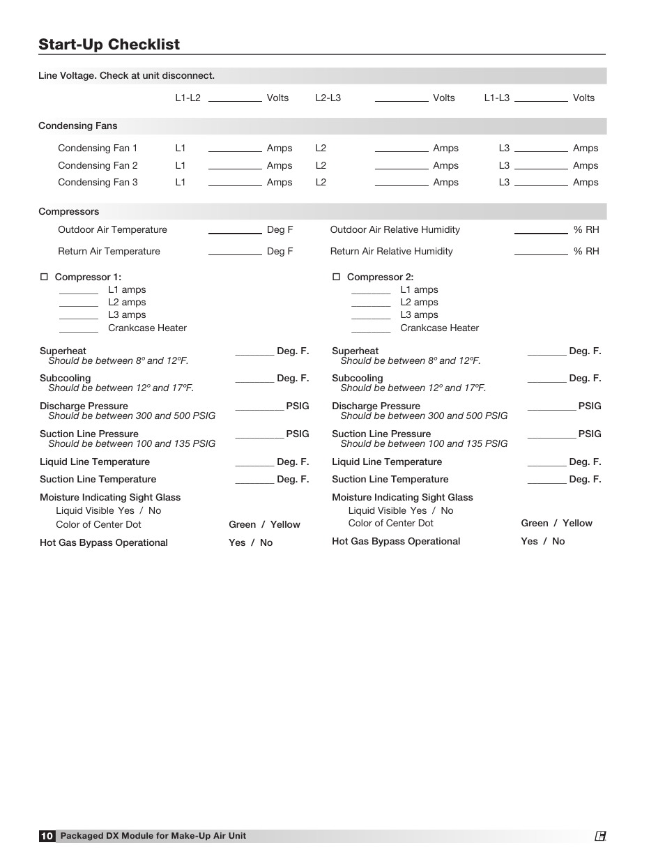 Start-up checklist | Greenheck Packaged DX Module (474681) User Manual | Page 10 / 16