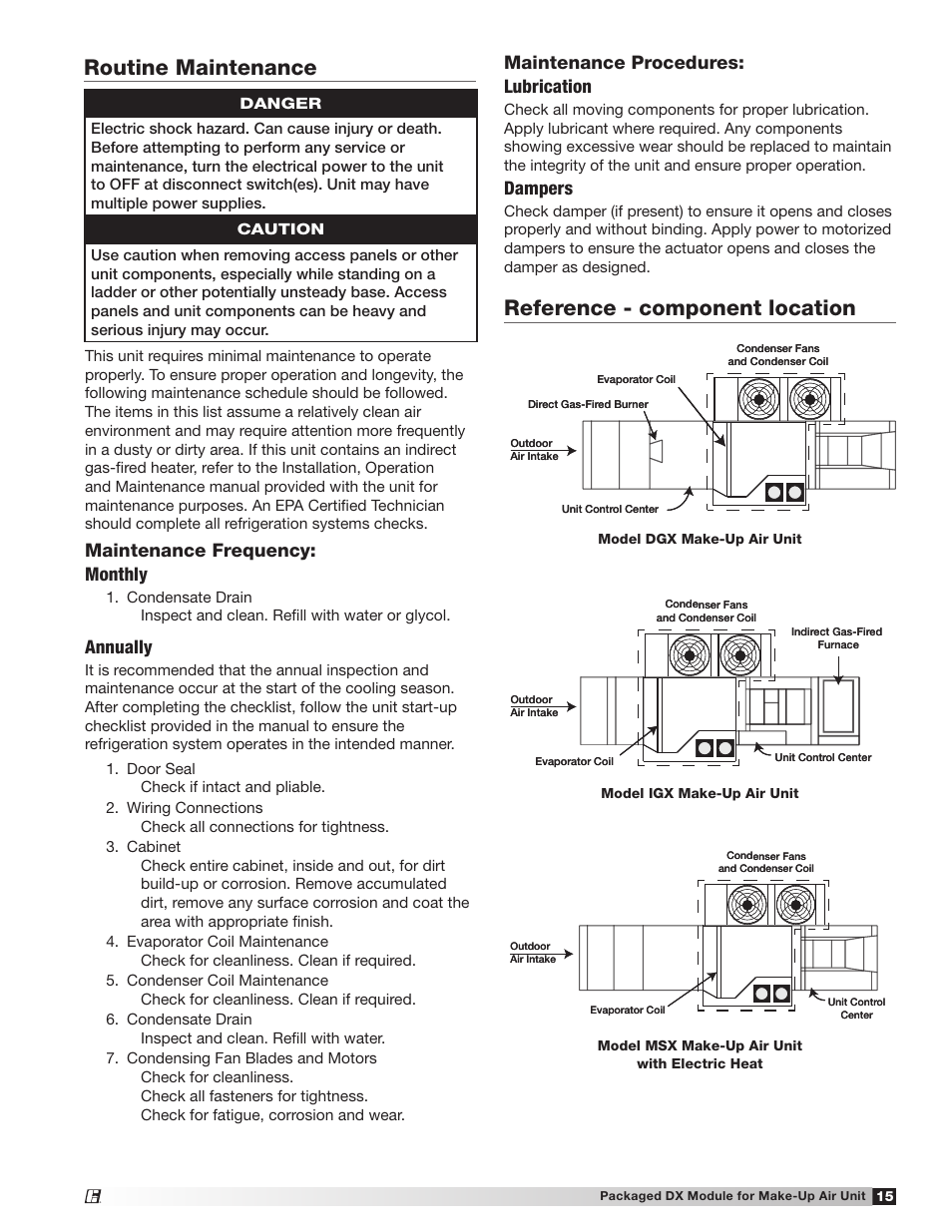 Routine maintenance, Reference - component location, Maintenance frequency: monthly | Annually, Maintenance procedures: lubrication, Dampers | Greenheck Packaged DX Module (474681) User Manual | Page 15 / 16