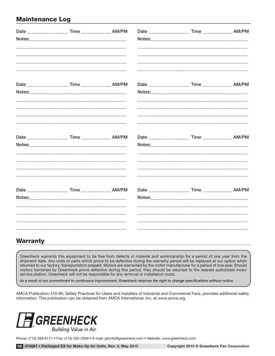 Maintenance log, Warranty | Greenheck Packaged DX Module (474681) User Manual | Page 16 / 16
