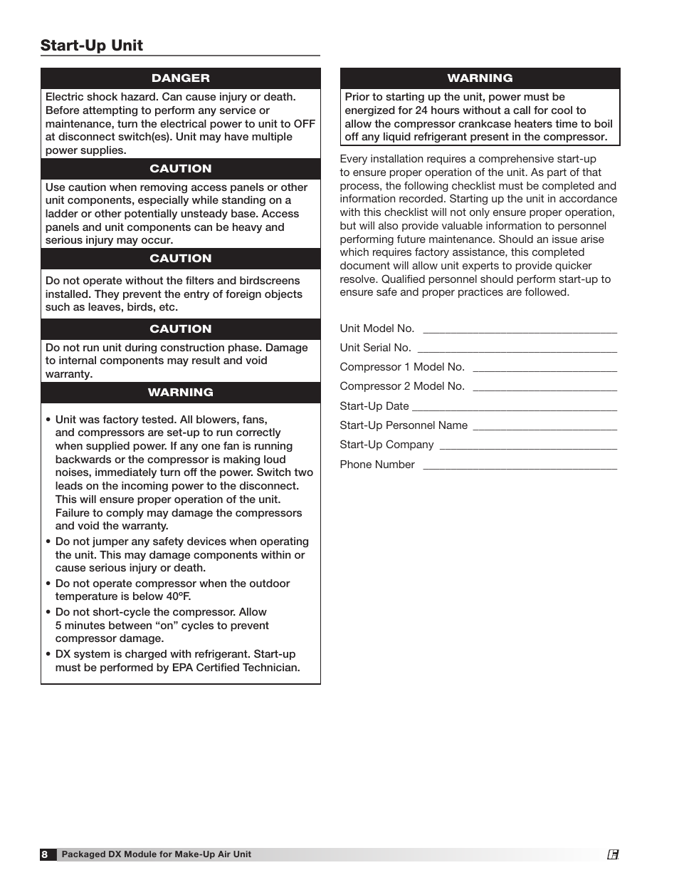 Start-up unit | Greenheck Packaged DX Module (474681) User Manual | Page 8 / 16