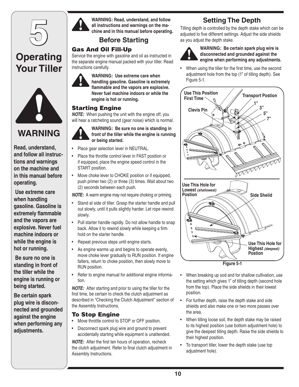 Operating your tiller, Warning, Setting the depth | Before starting | Cub Cadet 450 User Manual | Page 10 / 20