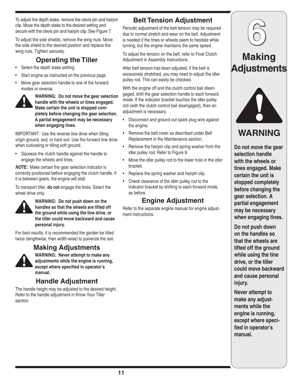 Making adjustments, Warning | Cub Cadet 450 User Manual | Page 11 / 20